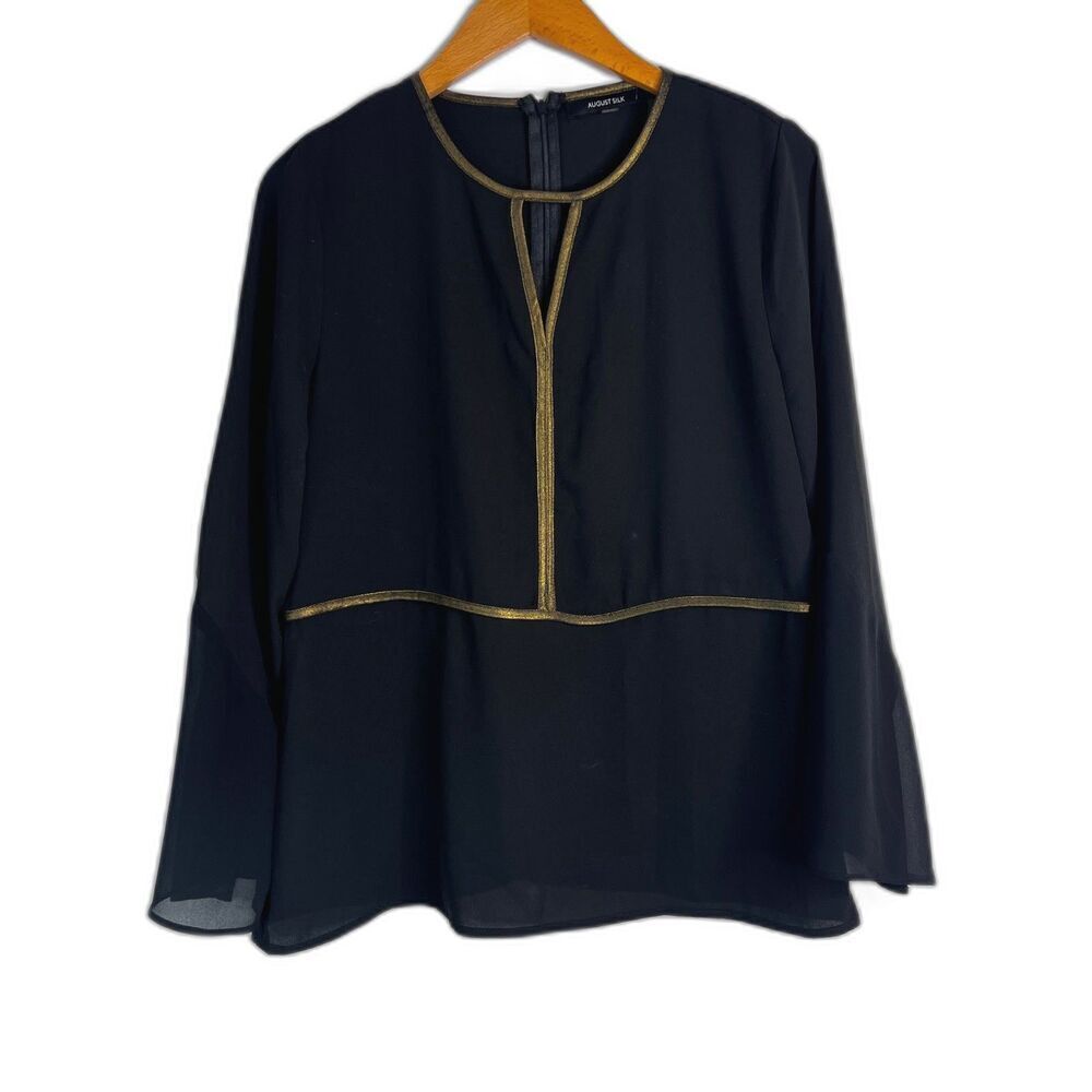 August Silk NWT Gold Trim Keyhole Bell Sleeve Silky Blouse Size Small Black